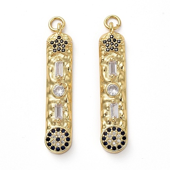 Brass Micro Pave Cubic Zirconia Pendants, with Jump Rings, Long Oval, Black & Clear, Golden, 34.5x7x3.5mm, Hole: 3mm