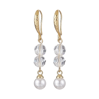 Brass with Glass Beads and ABS Plastic Imitation Pearl Dangle Earring, Round, Golden, 38x6mm