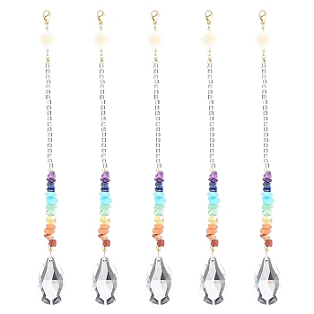 Glass Teardrop Chandelier Pendant Decorations, Hanging Suncatchers, Chakra Gemstone Chips and Quartz Crystal Beads Chain for Home Office Garden Decoration, Golden, 218mm