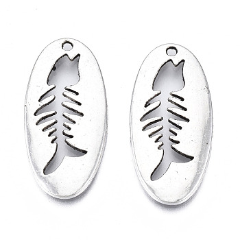 Tibetan Style Alloy Pendants, Cadmium Free & Lead Free, Oval with Fish Bone, Antique Silver, 29.5x14x2mm, Hole: 1.4mm, about 460pcs/1000g