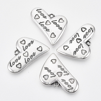 CCB Plastic Pendants, Heart with Word Love, Antique Silver, 32.5x38x5.5mm, Hole: 2.5mm, about 137pcs/500g