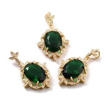 Rack Plating Brass Micro Pave Green Cubic Zirconia Pendants, Long-Lasting Plated, Oval, Real 18K Gold Plated, 28x22x7.5mm, Hole: 8x4mm