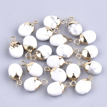 Electroplate Natural Howlite Charms, with Iron Findings, Faceted, Oval, Golden, 14~15x8x5~5.5mm, Hole: 1.8mm