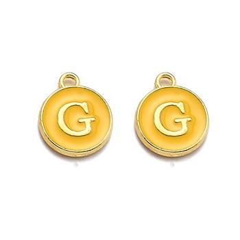 Golden Plated Alloy Enamel Charms, Enamelled Sequins, Flat Round with Alphabet, Letter.G, Yellow, 14x12x2mm, Hole: 1.5mm