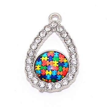 Zinc Alloy Enamel Pendants, with Rhinestones, for Jewelry  Making, Teardrop with Puzzle Pattern, Colorful, Platinum, 31x19x5mm, Hole: 1.8mm