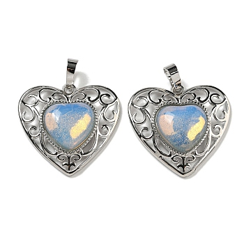Opalite Peach Love Heart Pendants, Rack Plating Brass Hollow Heart Charms, Cadmium Free & Lead Free, 29.5x30.5x7.5mm, Hole: 7.5x5mm