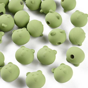 Acrylic Beads, Rubberized Style, Half Drilled, Bear, Yellow Green, 15.5x16x15mm, Hole: 3.5mm
