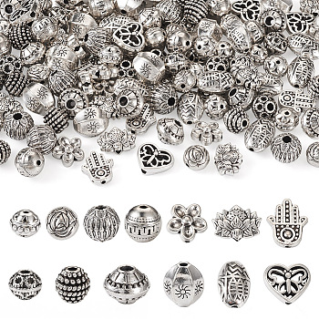 Pandahall 130Pcs 13 Styles Tibetan Style Alloy Beads, Mixed Shapes, Antique Silver, 7.5~12x6.5~10x4~6.5mm, Hole: 1.4~1.6mm, 10pcs/style