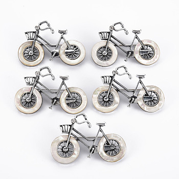 Bicycle Shape Natural White Shell Brooch Pin, Alloy with Rhinestone Lapel Pin for Backpack Clothing, Lead Free & Cadmium Free, Antique Silver, Beige, 34~35x50~52x10~12mm, Hole: 6x4mm, Pin: 0.7mm