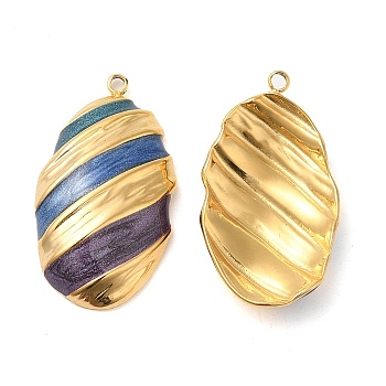 Enamel Pendants, with 304 Stainless Steel Finding, Real 18K Gold Plated, Oval Charm, Dark Slate Blue, 26.5x14.5x4mm, Hole: 1.4mm