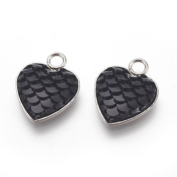 304 Stainless Steel Pendants, with Resin, Heart with Fish Scale Shape, Stainless Steel Color, Black, 16x13x3.5mm, Hole: 2mm