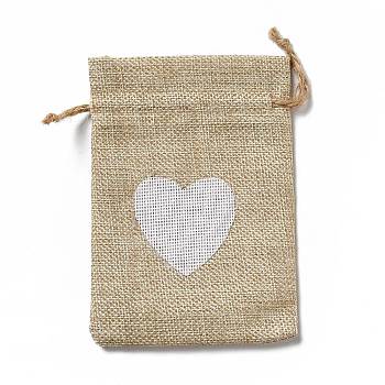 Linen Pouches, Drawstring Bag, Rectangle with White Heart Pattern, Tan, 14x10x0.5cm