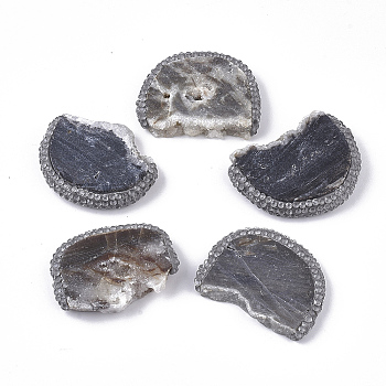 Natural Druzy Quartz Beads, Flat Slab Beads, with Polymer Clay Rhinestone, Nuggets, PP12(1.8~1.9mm), 35.5~38x27~29x5.5~8.5mm, Hole: 1mm