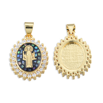 Brass Micro Pave Clear Cubic Zirconia Pendants, with Enamel and Shell, Real 18K Gold Plated, Nickel Free, Oval with Saint, Black, 19.5x14.5x4mm, Hole: 3x4mm