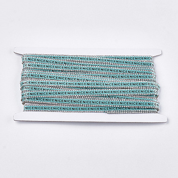 Satin Ribbon and Two Rows Rhinestone(Hot Melt Adhesive On The Back), with Polyester Ribbons, Hotfix Rhinestone, Pale Turquoise, 12x1.5mm, about 10yards/Card(9.144m/card)