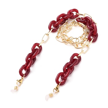 Eyeglasses Chains, Neck Strap for Eyeglasses, with Aluminium & Acrylic Paperclip Chains, 304 Stainless Steel Lobster Claw Clasps and Rubber Loop Ends, Light Gold, Dark Red, 28.15 inch(71.5cm)