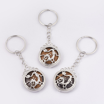 Natural Tiger Eye Keychain, with Iron Key Rings, Flat Round with Dragon, Platinum, 80mm, Pendant: 34.5x26x8.5mm