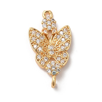 Brass Micro Pave Cubic Zirconia Connector Charms, Butterfly Links, Golden, Clear, 27x14x2.5mm, Hole: 1.5mm