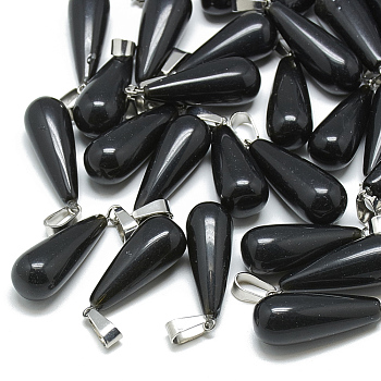 Dyed Natural Black Agate Pendants, with Stainless Steel Snap On Bails, Teardrop, 28~30x10~12mm, Hole: 6x4mm