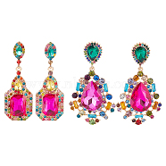 2 Pairs 2 Style Rhinestone Teardrop & Rectangle Dangle Stud Earrings, Light Gold Alloy Long Drop Earrings for Woman, Colorful, 66~72mm, Pin: 0.6~0.8mm, 1 Pair/style(EJEW-AN0002-98)