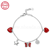 Rhodium Plated Platinum 925 Sterling Silver Charm Bracelets, with Red Enamel, with 925 Stamp, Butterfly, 5-7/8 inch(15cm)(AC7562-1)