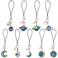 8pcs 8 style Cute Cartoon  Moon/Star/Planet Alloy Enamel Mobile Straps Lanyards, for Mobile Phone Strap Hang Rope Smart Phone Charm, Mixed Color, 8.5~9.6cm, 1pc/style(HJEW-DR0001-01)