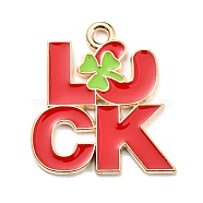 Saint Patrick's Day Alloy Enamel Pendants, Light Gold, Word Luck with Clover Charm, Red, 22x20x1.5mm, Hole: 2mm(ENAM-G222-01C-01)