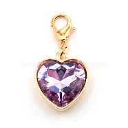 Heart Glass Pendant Decorations, with Alloy Lobster Claw Clasps, Medium Orchid, 32.5mm, Heart: 18.5x16x6mm(HJEW-WH0036-19A)