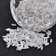 Transparent Colours Pearl Luster Plated Round Hole Glass Bugle Beads, White, 2~5x1.8~2mm, Hole: 0.8mm, about 12000pcs/450g(SEED-I001-121)