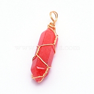 Natural Red Jasper Pendants, with Golden Steel Wire, Hexagon Prism, 43x11x11mm, Hole: 5mm(G-CJC0001-02G-05)