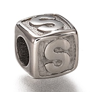 304 Stainless Steel European Beads, Large Hole Beads, Horizontal Hole, Cube with Letter, Stainless Steel Color, Letter.S, 8x8x8mm, Hole: 4.5mm(OPDL-L020-001S)