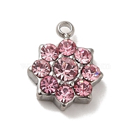 304 Stainless Steel with Rose Glass Rhinestone Charms, Flower Charms, Stainless Steel Color, 12x10x3.5mm, Hole: 1.4mm(STAS-L022-264P-02)