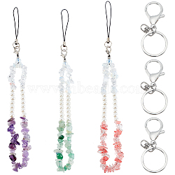 Mixed Stone and Acrylic Imitation Pearl Beads Mobile Straps, with Braided Nylon Thread and Alloy Split Key Rings and Lobster Claw Clasps, White, 23.5~24cm(HJEW-PH01491)