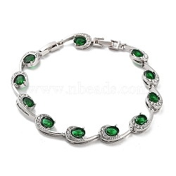 Platinum Alloy Teardrop Link Chain Bracelets, with Rhinestone, Fern Green, 8-1/4 inch(21cm), Link: 8.5mm(BJEW-A005-01B)