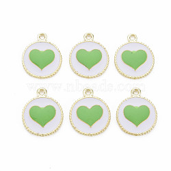 Alloy Enamel Pendants, Light Gold, Cadmium Free & Nickel Free & Lead Free, Flat Round with Heart, Medium Sea Green, 18x15x1.5mm, Hole: 1.6mm(PALLOY-S181-039A-NR)