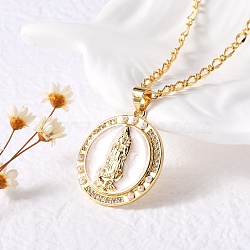 Flat Round with Virgin Mary Brass Micro Pave Cubic Zirconia Pendant Necklaces, with Shell Pearl , Real 18K Gold Plated, 17.44 inch(44.3cm), Pendant: 24.5x22x3mm(NJEW-S385-03A-G)