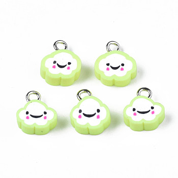 Handmade Polymer Clay Charms, with Platinum Plated Iron Loop, Cloud with Smile, Green Yellow, 11~14x9~11.5x4mm, Hole: 1.8mm