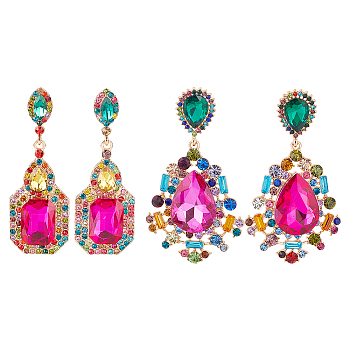 2 Pairs 2 Style Rhinestone Teardrop & Rectangle Dangle Stud Earrings, Light Gold Alloy Long Drop Earrings for Woman, Colorful, 66~72mm, Pin: 0.6~0.8mm, 1 Pair/style