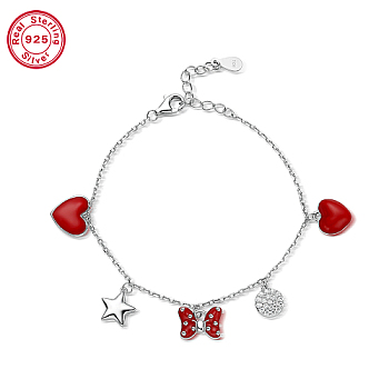 Rhodium Plated Platinum 925 Sterling Silver Charm Bracelets, with Red Enamel, with 925 Stamp, Butterfly, 5-7/8 inch(15cm)