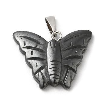 Synthetic Non-Magnetic Hematite Pendants, Butterfly Charms with Platinum Plated Brass Snap on Bails, 19x24x4mm, Hole: 6.5x2.5mm