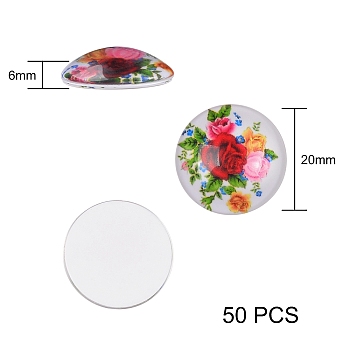 50Pcs Flower Printed Glass Cabochons, Half Round/Dome, Mixed Color, 20x6mm