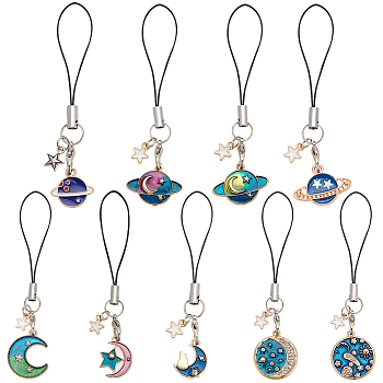 8pcs 8 style Cute Cartoon  Moon/Star/Planet Alloy Enamel Mobile Straps Lanyards, for Mobile Phone Strap Hang Rope Smart Phone Charm, Mixed Color, 8.5~9.6cm, 1pc/style