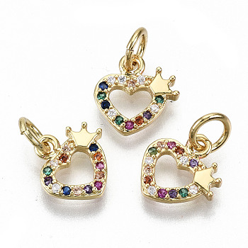 Brass Micro Pave Colorful Cubic Zirconia Charms, with Jump Rings, Nickel Free, Heart with Crown, Real 16K Gold Plated, 9.5x9.5x1.5mm, Jump Ring: 5x0.8mm, 3.4mm inner diameter