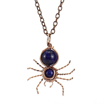Natural Lapis Lazuli Spider Pendant Necklaces, with Red Copper Brass Chains, 20.87 inch(53cm)