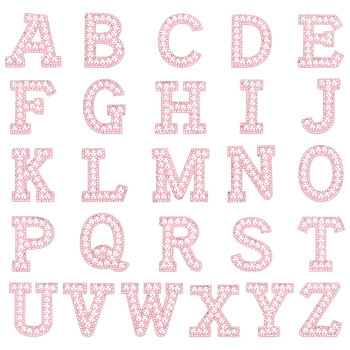 Cloth Iron on/Sew on Patches, Costume Accessories, Appliques, with Glass Rhinestone and ABS Pearl Beads, Letter A to Z, Pink, 43.5~51x20~51x5.5mm, 26pcs/set
