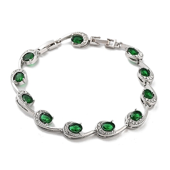 Platinum Alloy Teardrop Link Chain Bracelets, with Rhinestone, Fern Green, 8-1/4 inch(21cm), Link: 8.5mm