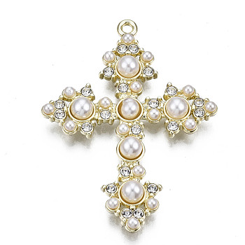 Alloy Pendants, with ABS Plastic Imitation Pearl, Lead Free & Nickel Free, Cross, White, Light Gold, 42x31x4.5mm, Hole: 1.6mm