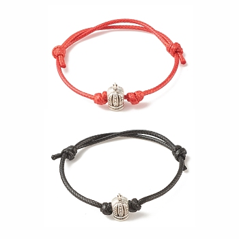 2Pcs 2 Colors Alloy Crown Beaded Cord Bracelet, Adjustable Bracelet for Women, Red & Black, Inner Diameter: 1-5/8~3-1/4 inch(4.2~8.2cm), 1Pc/color