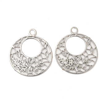 Long-Lasting Plated Brass Filigree Charms, Flat Round with Flower Charm, Platinum, 14x12x0.3mm, Hole: 1.2mm