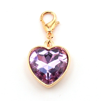 Heart Glass Pendant Decorations, with Alloy Lobster Claw Clasps, Medium Orchid, 32.5mm, Heart: 18.5x16x6mm